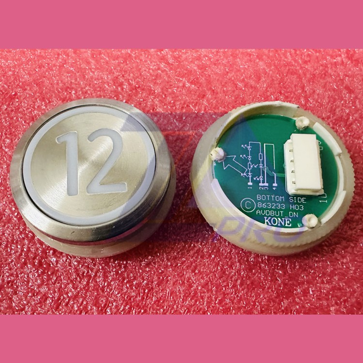 Кнопка приказа "12" круглая, серебристая поверхность, AVDBUT, красная подсветка, KM863050G005H012 Kone