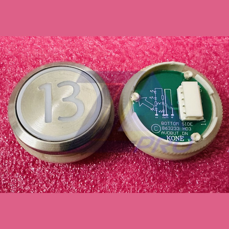 Кнопка приказа "13" круглая, серебристая поверхность, AVDBUT, красная подсветка, KM863050G005H013 Kone
