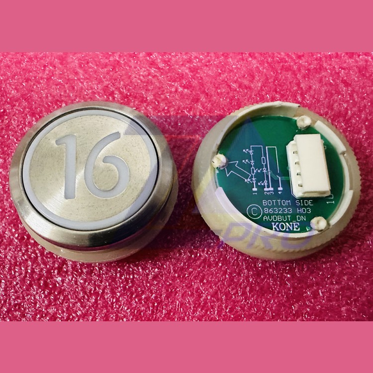 Кнопка приказа "16" круглая, серебристая поверхность, AVDBUT, красная подсветка, KM863050G005H016 Kone