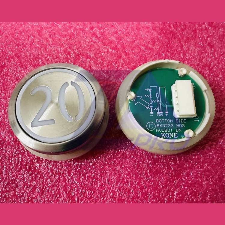 Кнопка приказа "20" круглая, серебристая поверхность, AVDBUT, красная подсветка, KM863050G005H020 Kone