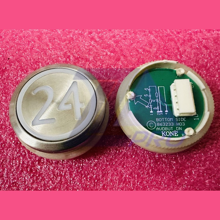 Кнопка приказа "24" круглая, серебристая поверхность, AVDBUT, красная подсветка, KM863050G005H024 Kone